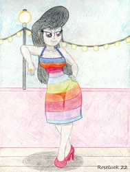 Size: 1450x1920 | Tagged: safe, artist:roseluck, derpibooru import, octavia melody, human, equestria girls, equestria girls series, spring breakdown, spoiler:eqg series (season 2), bare shoulders, breasts, busty octavia melody, cleavage, clothes, clothes swap, colored pencil drawing, cruise concert outfit, cruise outfit, cutie mark accessory, cutie mark earrings, dress, ear piercing, earring, female, full body, hand on hip, high heels, image, implied dashtavia, jewelry, lamp, leaning, lidded eyes, outdoors, piercing, png, raised arm, ring, shading, shoes, sleeveless, sleeveless dress, smiling, solo, standing, traditional art, wedding ring, wide hips, yacht