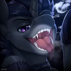 Size: 1200x1200 | Tagged: suggestive, artist:st4rs6, derpibooru import, oc, oc:verlo streams, unofficial characters only, pony, unicorn, bust, commission, drool, horn, image, jpeg, looking at you, male, mawshot, moon, night, open mouth, portrait, solo, tongue out