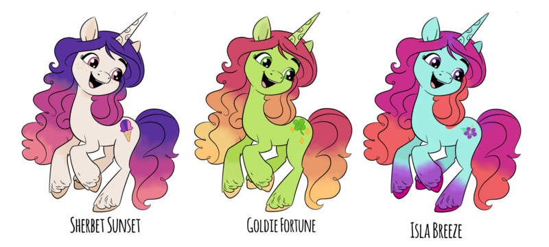 Size: 2807x1267 | Tagged: safe, artist:vernorexia, derpibooru import, izzy moonbow, pony, unicorn, colored hooves, coloring page, cutie mark, g5, goldie fortune, gradient legs, gradient mane, happy, image, isla breeze, long mane, multicolored mane, png, recolor, sherbet sunset, simple background, transparent background, trio