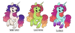Size: 2807x1267 | Tagged: safe, artist:vernorexia, derpibooru import, izzy moonbow, pony, unicorn, colored hooves, coloring page, cutie mark, g5, goldie fortune, gradient legs, gradient mane, happy, image, isla breeze, long mane, multicolored mane, png, recolor, sherbet sunset, simple background, transparent background, trio