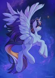 Size: 919x1300 | Tagged: safe, artist:margony, derpibooru import, oc, unofficial characters only, alicorn, pony, alicorn oc, flying, horn, image, png, solo, spread wings, wings