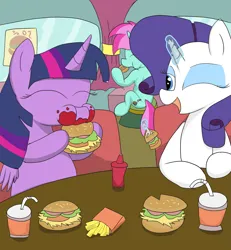 Size: 2215x2400 | Tagged: safe, artist:amateur-draw, derpibooru import, rarity, twilight sparkle, twilight sparkle (alicorn), oc, oc:belle boue, alicorn, pony, burger, chubby, eating, fast food, female, food, french fries, hay burger, image, mare, png, restaurant, table, that pony sure does love burgers