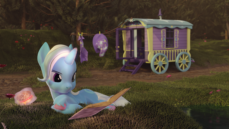 Size: 3840x2160 | Tagged: safe, artist:xppp1n, derpibooru import, trixie, pony, unicorn, 3d, blender, blender cycles, burger, cape, clothes, clothes line, eating, female, food, hamburger, hat, image, levitation, lying down, magic, mare, png, reading, solo, telekinesis, trixie's cape, trixie's hat, trixie's wagon, wagon