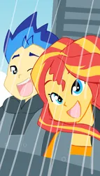Size: 1820x3183 | Tagged: safe, artist:aokushan, derpibooru import, flash sentry, sunset shimmer, equestria girls, duo, female, image, male, one eye closed, open mouth, open smile, png, roller coaster, smiling