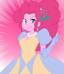 Size: 3299x3809 | Tagged: safe, artist:aokushan, derpibooru import, pinkie pie, equestria girls, breasts, cleavage, clothes, dress, ear piercing, earring, female, flower, flower in hair, gloves, gown, high res, image, jewelry, long gloves, looking at you, necklace, pearl necklace, piercing, png, smiling, smiling at you, solo, sunburst background