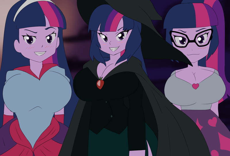 Size: 1593x1083 | Tagged: suggestive, artist:aokushan, derpibooru import, sci-twi, twilight sparkle, equestria girls, big breasts, blushing, breasts, busty sci-twi, busty twilight sparkle, cape, cleavage, clothes, costume, dreamworks face, glasses, halloween, halloween 2022, halloween costume, hat, holiday, image, multeity, png, smiling, witch costume, witch hat