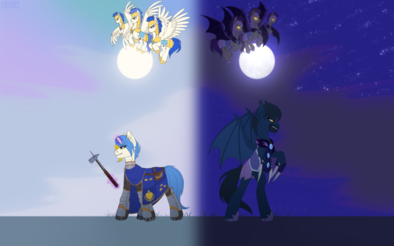 Size: 4000x2500 | Tagged: safe, artist:enderbee, derpibooru import, bat pony, unicorn, colored, commission, flat colors, guard, image, moon, png, royal guard, simple background, sketch, sun