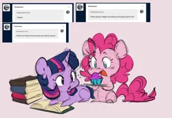 Size: 1280x877 | Tagged: safe, artist:chub-wub, derpibooru import, pinkie pie, twilight sparkle, twilight sparkle (alicorn), alicorn, earth pony, pony, ask, blushing, book, chibi, cupcake, cute, diapinkes, duo, female, food, image, jpeg, lesbian, lying down, mare, open mouth, plate, prone, reading, shipping, tumblr, twinkie