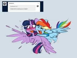 Size: 1280x972 | Tagged: safe, artist:chub-wub, derpibooru import, rainbow dash, twilight sparkle, twilight sparkle (alicorn), alicorn, pegasus, pony, ask, blue background, blushing, chibi, cute, dashabetes, duo, female, flying, hug, image, jpeg, lesbian, mare, open mouth, shipping, simple background, surprised, tumblr, twidash