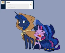 Size: 1280x1039 | Tagged: safe, artist:chub-wub, derpibooru import, clover the clever, princess luna, star swirl the bearded, twilight sparkle, twilight sparkle (alicorn), alicorn, pony, ask, blue background, blushing, chibi, cloak, clothes, costume, cute, duo, female, hat, image, jpeg, lesbian, lunabetes, mare, nightmare night costume, open mouth, raised hoof, robe, rope, shipping, simple background, tumblr, twiluna, wizard hat, wizard robe