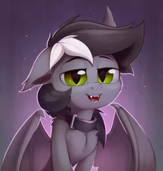Size: 2314x2424 | Tagged: safe, artist:anti1mozg, derpibooru import, oc, unofficial characters only, bat pony, pony, chest fluff, collar, fangs, floppy ears, image, jpeg, lidded eyes, looking at you, open mouth, open smile, smiling, solo, spread wings, wings