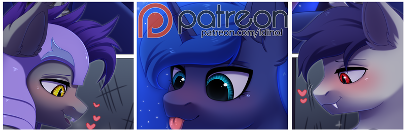 Size: 6560x2112 | Tagged: safe, artist:dinoalpaka, derpibooru import, princess luna, alicorn, bat pony, pony, advertisement, blushing, female, guardluna, heart, horn, image, male, mare, open mouth, patreon, patreon link, patreon logo, patreon preview, png, royal guard, stallion, tongue out