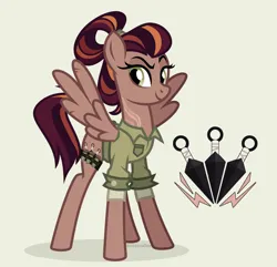 Size: 2169x2094 | Tagged: safe, artist:strixuraone, derpibooru import, oc, oc:scarlet flair, unofficial characters only, pegasus, pony, clothes, commissioner:jewellier, image, kunai, leg band, pegasus oc, png, potion, scar, shirt, simple background, tall, wings