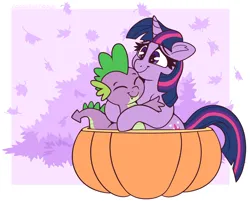 Size: 2550x2050 | Tagged: safe, artist:graphene, derpibooru import, part of a set, spike, twilight sparkle, dragon, pony, cute, duo, hug, image, leaves, mama twilight, png, pumpkin, spikabetes, spikelove, twiabetes