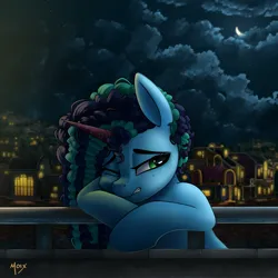 Size: 4000x4000 | Tagged: safe, artist:supermoix, derpibooru import, pony, unicorn, g5, beautiful, cloud, crying, cute, image, looking down, maretime bay, misty brightdawn, moon, night, png, sad, sobbing, solo, town