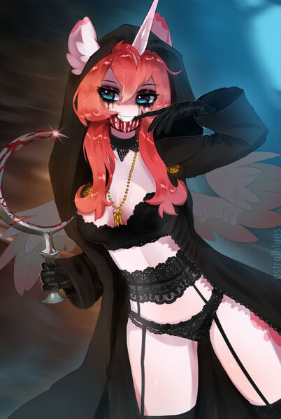 Size: 1280x1910 | Tagged: semi-grimdark, suggestive, artist:astralblues, derpibooru import, anthro, blood, bra, choker, cloak, clothes, female, garter belt, image, jpeg, panties, scythe, solo, solo female, underwear