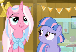 Size: 800x554 | Tagged: safe, derpibooru import, screencap, clear sky, wind sprint, pegasus, pony, unicorn, common ground, angry, animated, confused, duo, duo female, female, filly, foal, freckles, gif, glare, image, mare, mother and child, mother and daughter, museum, talking, unamused, wind sprint is not amused