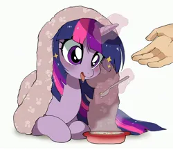 Size: 3344x2894 | Tagged: safe, artist:potetecyu_to, derpibooru import, twilight sparkle, human, pony, unicorn, blanket, blushing, bowl, cute, female, food, glow, glowing horn, hand, high res, horn, image, jpeg, levitation, lying down, magic, mare, offscreen character, open mouth, prone, simple background, soup, spoon, telekinesis, tongue out, twiabetes, unicorn twilight, white background