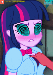 Size: 357x500 | Tagged: suggestive, artist:uzzi-ponydubberx, derpibooru import, twilight sparkle, equestria girls, animated, blushing, breasts, busty twilight sparkle, censored, censored breasts, commission, exposed breasts, gif, hypno eyes, hypnogear, hypnosis, hypnotized, image, mind control, offscreen character, patreon, patreon censored, patreon logo, submissive, undressing