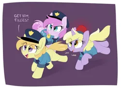 Size: 1858x1352 | Tagged: source needed, safe, artist:shinodage, banned from derpibooru, derpibooru import, dinky hooves, noi, piña colada, earth pony, pony, unicorn, blowing whistle, cute, image, onomatopoeia, png, police uniform, red light, running, whistle