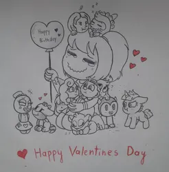 Size: 1484x1508 | Tagged: safe, artist:nikytale, derpibooru import, human, pony, unicorn, balloon, crossover, female, happy birthday, happy valentines day, image, jpeg, mare, scrunchy face, smiling, traditional art