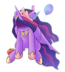 Size: 1749x1950 | Tagged: safe, artist:nikytale, derpibooru import, princess twilight 2.0, twilight sparkle, twilight sparkle (alicorn), alicorn, pony, the last problem, balloon, crying, female, hoof shoes, image, immortality blues, jewelry, mare, older, older twilight, peytral, png, simple background, solo, tiara, white background