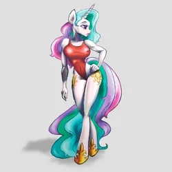 Size: 4000x4000 | Tagged: suggestive, artist:sffffffff, derpibooru import, princess celestia, alicorn, anthro, unguligrade anthro, absurd resolution, both cutie marks, clothes, erect nipples, eyebrows, female, gray background, hand on hip, hoof shoes, horn, image, lipstick, looking right, nipple outline, one-piece swimsuit, png, pose, shadow, simple background, solo, solo female, swimsuit, wingless, wingless anthro