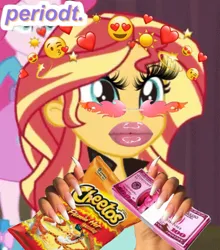 Size: 1125x1281 | Tagged: safe, derpibooru import, edit, edited screencap, screencap, pinkie pie, sunset shimmer, equestria girls, baddie, big lips, cheetos, chips, emoji, eyelashes, food, hand, heart, heart eyes, image, irl, jpeg, kissing, lip gloss, lips, lipstick, money, nails, one eye closed, periodt, photo, stars, sun, sunglasses, wingding eyes, wink