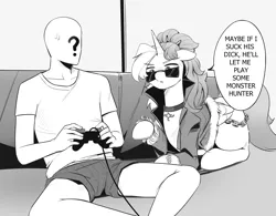 Size: 2044x1591 | Tagged: suggestive, artist:applephil, derpibooru import, oc, oc:anon, oc:dyx, ponified, alicorn, human, pony, black and white, choker, clothes, controller, couch, drawthread, duo, female, grayscale, hentai quotes, image, imminent blowjob, imminent oral, imminent sex, jacket, lying down, male, mare, monochrome, png, prone, sitting, speech bubble, sunglasses
