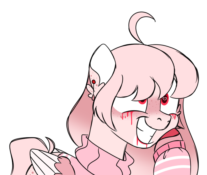 Size: 900x760 | Tagged: safe, artist:fuckomcfuck, derpibooru import, oc, oc:darling, pegasus, pony, clothes, ear piercing, earring, happy, image, jewelry, jumper, piercing, pink, png, simple background, solo, sweater, transparent background