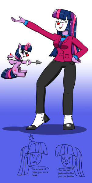 Size: 1805x3589 | Tagged: safe, artist:twi clown, derpibooru import, twilight sparkle, twilight sparkle (alicorn), oc, oc:twi clown, alicorn, human, pony, unicorn, equestria girls, bowtie, clone, clothes, clown, clown nose, coat, crown, drill, humanized, image, jewelry, png, potion, red nose, regalia, spats, suit, vest