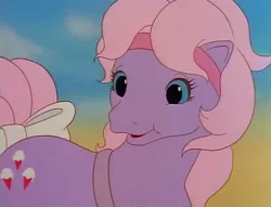Size: 628x480 | Tagged: safe, derpibooru import, screencap, baby lickety split, earth pony, pony, my little pony: the movie (g1), baby, baby pony, bow, female, filly, foal, g1, headband, image, png, solo, tail, tail bow