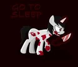 Size: 776x667 | Tagged: grimdark, artist:puppylove220, derpibooru import, ponified, pony, unicorn, blood, clothes, creepypasta, evil, go to sleep, hoodie, horn, image, jeff the killer, knife, magic, male, meme, png, smiling, sparkles, stallion, sweater, text, walking