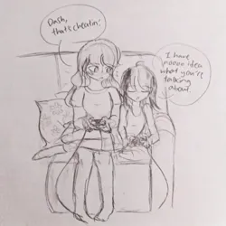 Size: 640x640 | Tagged: safe, artist:snowzaaah, derpibooru import, applejack, rainbow dash, human, appledash, appledashdailydoodles, controller, couch, doodle, female, humanized, image, jpeg, lesbian, pencil drawing, shipping, sketch, traditional art, video game