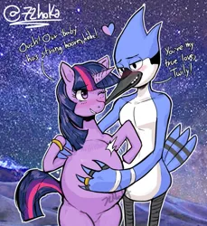 Size: 825x900 | Tagged: safe, artist:72hoka, derpibooru import, twilight sparkle, bird, pony, blushing, crossover, crossover shipping, cute, dialogue, female, image, jewelry, jpeg, male, mordecai, mordetwi, pregnant, regular show, ring, shipping, smiling, straight, wedding ring