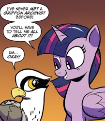 Size: 750x865 | Tagged: safe, artist:andypriceart, derpibooru import, idw, glenda, twilight sparkle, twilight sparkle (alicorn), alicorn, gryphon, pony, spoiler:comic, dialogue, duo, female, g4, gradient background, image, jpeg, mare, speech bubble