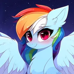 Size: 512x512 | Tagged: safe, derpibooru import, machine learning generated, rainbow dash, pegasus, pony, blushing, chest fluff, ear fluff, female, image, looking at you, mare, png, solo, wings