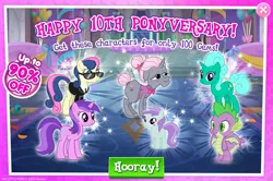 Size: 1957x1300 | Tagged: safe, derpibooru import, official, amethyst star, bon bon, glitter drops, liza doolots, old gardener, petunia, spike, sweetie drops, tootsie flute, dragon, earth pony, pony, unicorn, bowtie, claws, clothes, curved horn, english, event, female, filly, foal, gameloft, group, horn, image, jpeg, mare, mlp gameloft tenth anniversary, necktie, numbers, sale, secret agent sweetie drops, suit, sunglasses, text, winged spike, wings