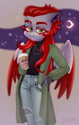 Size: 3113x4920 | Tagged: safe, artist:irinamar, derpibooru import, oc, oc:nimea rednight, unofficial characters only, anthro, pegasus, unguligrade anthro, :<, bijouterie, burn, burnt, cardigan, chains, clothes, coffee, coffee cup, commission, commission result, cup, denim, digital art, ear piercing, earring, eyelashes, female, fog, green eyes, half body, image, jeans, jewelry, long hair, looking at you, moon, moonlight, nails, night, pants, pegasus oc, piercing, png, ripped pants, simple background, solo, sparkles, stars, sweater, torn clothes, turtleneck, wings