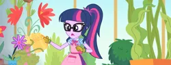 Size: 2845x1080 | Tagged: safe, composite screencap, derpibooru import, edit, edited screencap, screencap, sci-twi, twilight sparkle, human, equestria girls, equestria girls series, my little shop of horrors, apron, clothes, flower, geode of telekinesis, glasses, gloves, greenhouse, image, magical geodes, plant, png, ponytail, skirt, watering can
