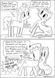Size: 1280x1810 | Tagged: safe, artist:spectralunicorn, derpibooru import, pinkie pie, rainbow dash, earth pony, pegasus, pony, 2 panel comic, black and white, comic, dialogue, duo, grayscale, image, monochrome, morrowind, png, pun, simple background, speech bubble, the elder scrolls, white background