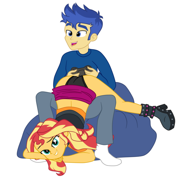 Size: 2764x2759 | Tagged: suggestive, alternate version, artist:gmaplay, derpibooru import, flash sentry, sunset shimmer, equestria girls, ass, bunset shimmer, butt, challenge, face down ass up, female, flashimmer, gaming, image, male, meta, png, seduction, seductive, seductive look, seductive pose, shipping, solo, straight, twitter