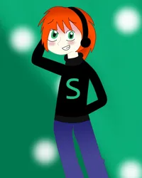 Size: 2448x3057 | Tagged: safe, derpibooru import, spike, human, equestria girls, green eyes, headphones, human spike, humanized, image, long hair, new look, orange hair, png, shy