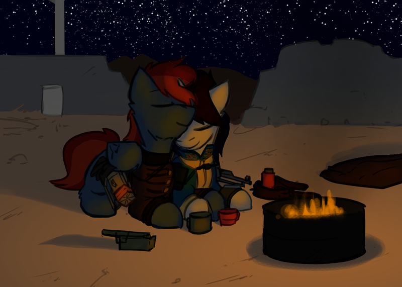 Size: 3500x2500 | Tagged: safe, artist:captainhoers, artist:stormwing, derpibooru import, oc, oc:chip, oc:firewire, unofficial characters only, pegasus, pony, unicorn, fallout equestria, campfire, clothes, cute, duo, enclave, enclave uniform, gun, image, jumpsuit, lying down, night, oc x oc, png, ruins, shipping, snuggling, stars, uniform, vault suit, weapon