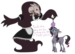 Size: 3840x2776 | Tagged: safe, artist:0xyr0, derpibooru import, fhtng th§ ¿nsp§kbl, oleander (tfh), classical unicorn, demon, unicorn, them's fightin' herds, clothes, cloven hooves, community related, crossdressing, dress, duo, duster, eyes closed, image, leonine tail, maid, png, purple text, simple background, solo, standing, transparent background, unshorn fetlocks