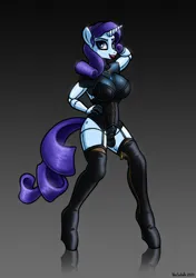 Size: 902x1280 | Tagged: suggestive, artist:vanschalk, derpibooru import, part of a set, rarity, anthro, robot, unguligrade anthro, unicorn, ballet boots, big tail, bodysuit, bondage, boots, breasts, busty rarity, cleavage, clothes, corset, encased, encasement, female, fetish, garters, glossy, gradient background, gray background, gynoid, hand on hip, image, implied human, jpeg, lipstick, looking at you, pantyhose, part of a series, patreon, patreon reward, pose, raribot, reflecting floor, shoes, signature, simple background, smiling, solo, solo female, standing, tail, thigh boots, tiptoe