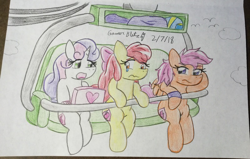 Size: 3247x2073 | Tagged: safe, artist:gmangamer25, derpibooru import, apple bloom, scootaloo, sweetie belle, bird, earth pony, pegasus, pony, unicorn, vocational death cruise, bow, cloud, computer, crying, cutie mark, cutie mark crusaders, fanart, female, filly, foal, hair bow, heart, helmet, horn, image, jpeg, laptop computer, lift, pencil drawing, scared, scootaloo is not amused, sitting, the cmc's cutie marks, traditional art, unamused, wings, wristband