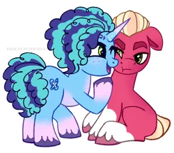 Size: 3568x3120 | Tagged: safe, artist:flyerdell, derpibooru import, sprout cloverleaf, earth pony, pony, g5, my little pony: make your mark, cute, female, floppy ears, freckles, g4, g5 to g4, generation leap, image, looking at each other, looking at someone, male, mare, misty brightdawn, mistybetes, mistyclover, png, simple background, stallion, white background