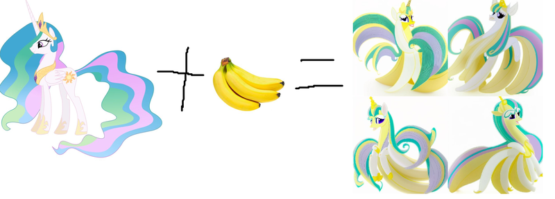 Size: 2491x897 | Tagged: safe, derpibooru import, machine learning generated, princess celestia, alicorn, pony, banana, bananalestia, food, image, png, shitposting