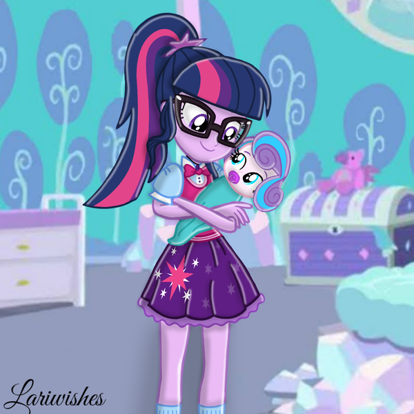 Size: 1000x1000 | Tagged: safe, artist:mlplary6, derpibooru import, princess flurry heart, sci-twi, twilight sparkle, human, equestria girls, aunt and niece, baby, carrying, equestria girls-ified, female, image, looking at each other, looking at someone, pacifier, png, smiling